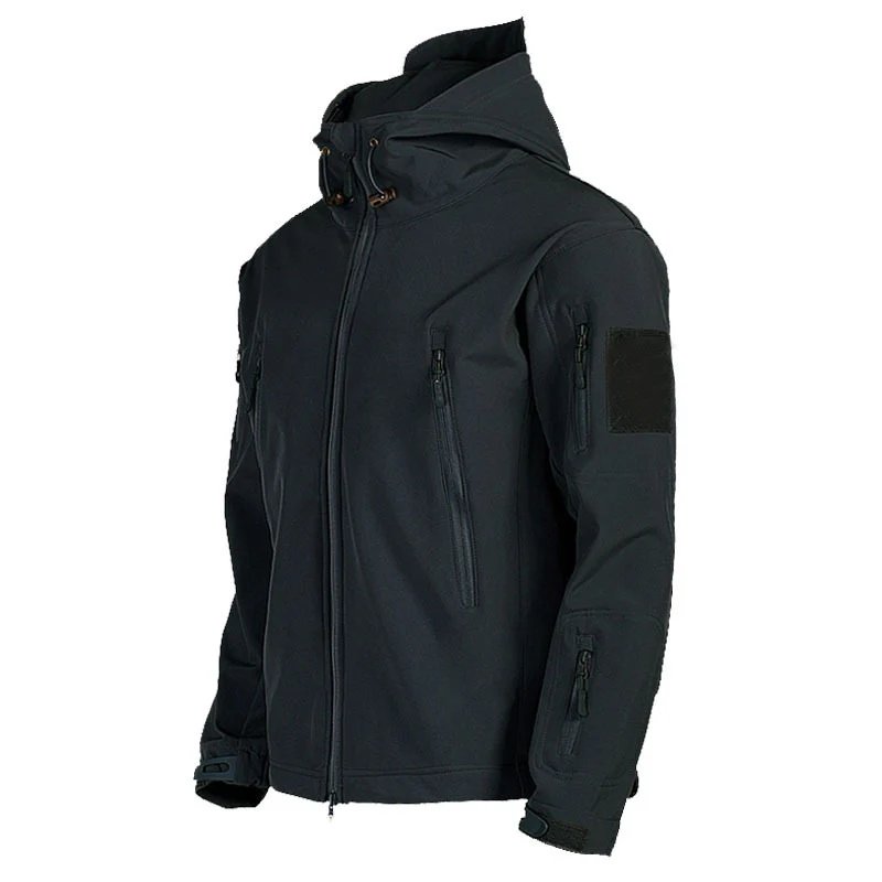 Herren taktische Softshell‑Fieldjacke mit Kapuze, Multifunktionstaschen und Klettpatchfläche Drune