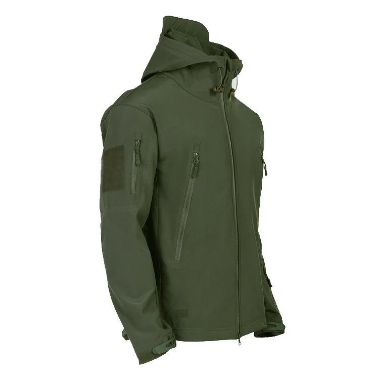 Herren taktische Softshell‑Fieldjacke mit Kapuze, Multifunktionstaschen und Klettpatchfläche Drune