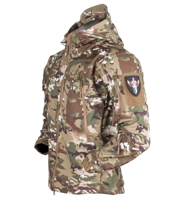 Herren taktische Softshell‑Fieldjacke mit Kapuze, Multifunktionstaschen und Klettpatchfläche Drune