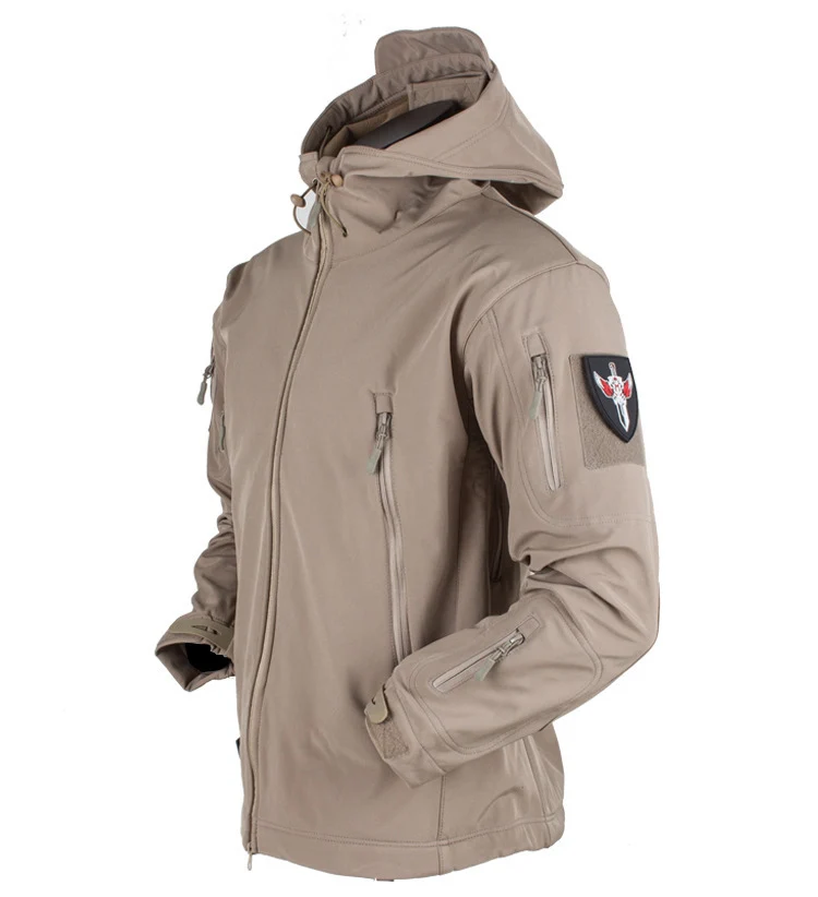 Herren taktische Softshell‑Fieldjacke mit Kapuze, Multifunktionstaschen und Klettpatchfläche Drune