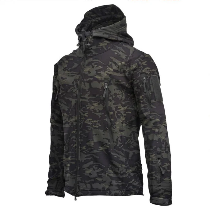 Herren taktische Softshell‑Fieldjacke mit Kapuze, Multifunktionstaschen und Klettpatchfläche Drune