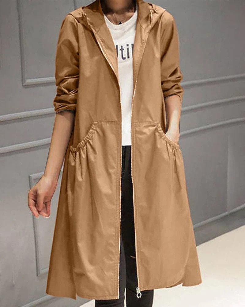 Clara | Long Water-Resistant Hooded A-Line Trench Coat