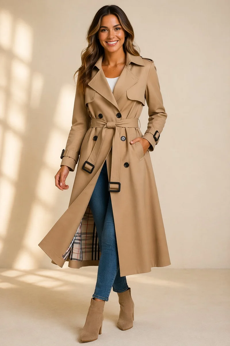 Rebecca | Elegant Long Double-Breasted Belted Trench Coat