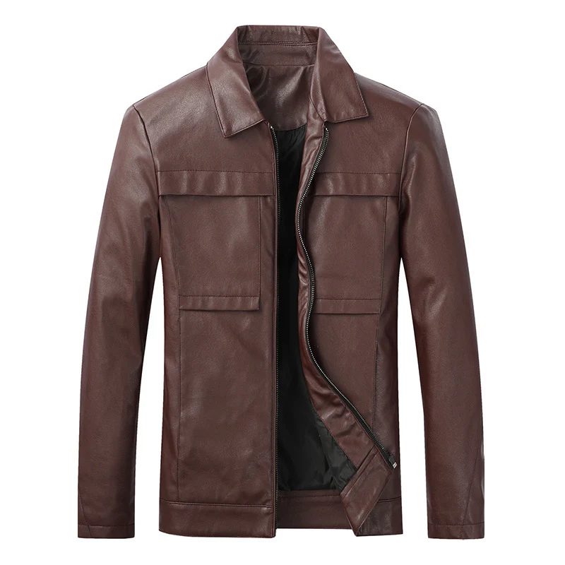Herren Slim‑Fit Lederoptik-Truckerjacke mit Hemdkragen, verdecktem Reißverschluss und Pattentaschen Drune