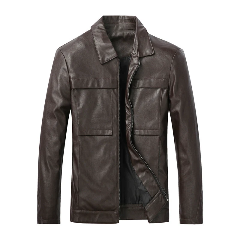 Herren Slim‑Fit Lederoptik-Truckerjacke mit Hemdkragen, verdecktem Reißverschluss und Pattentaschen Drune