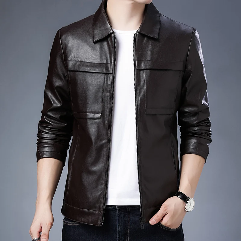 Herren Slim‑Fit Lederoptik-Truckerjacke mit Hemdkragen, verdecktem Reißverschluss und Pattentaschen Drune