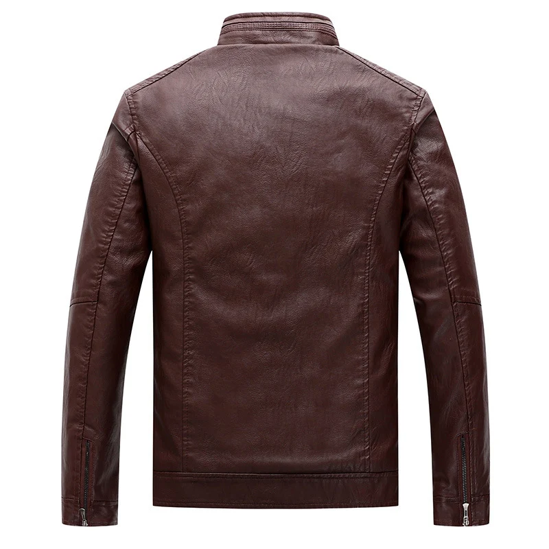 Herren Slim-Fit Lederoptik-Motojacke mit Stehkragen und Reißverschlusstaschen Drune