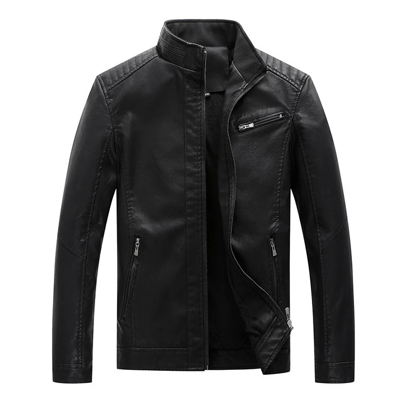 Herren Slim-Fit Lederoptik-Motojacke mit Stehkragen und Reißverschlusstaschen Drune
