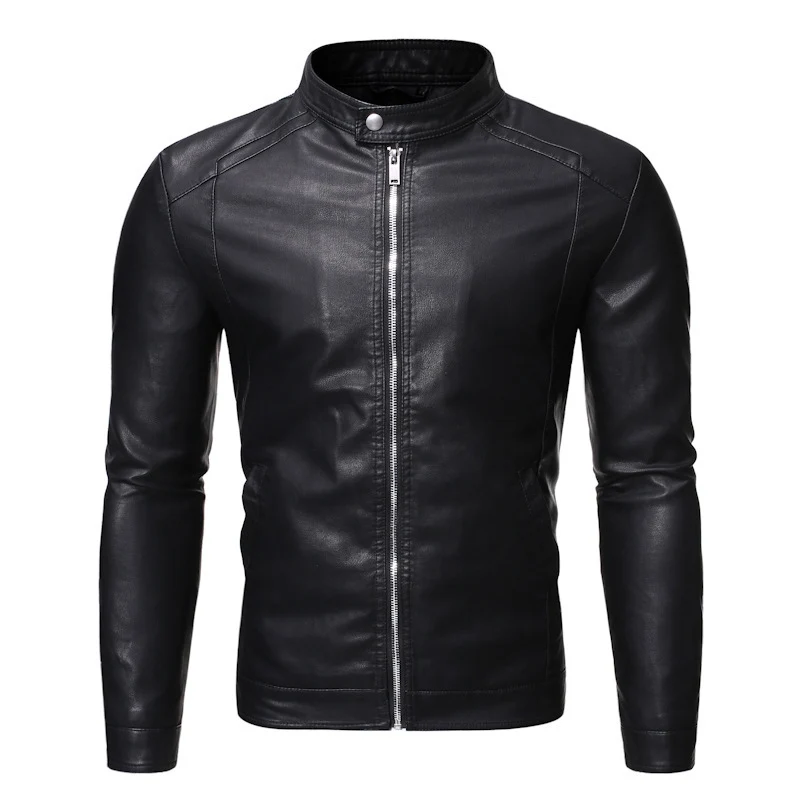 Herren Slim-Fit Lederoptik-Blouson im Racer-Minimalstil mit Druckknopf-Stehkragen Drune