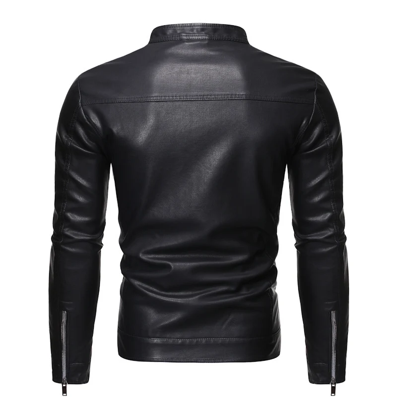 Herren Slim-Fit Lederoptik-Blouson im Racer-Minimalstil mit Druckknopf-Stehkragen Drune
