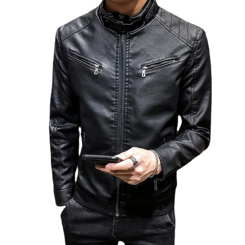Herren Slim-Fit Kunstleder‑Racerblouson mit Stehkragen und Reißverschluss‑Brusttaschen Drune