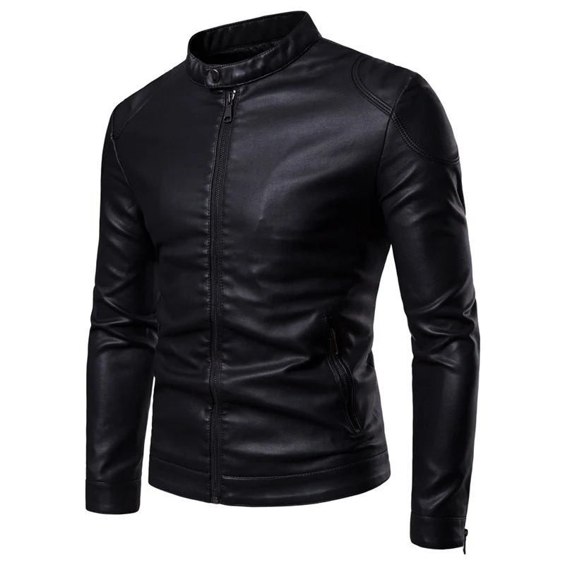 Herren Slim-Fit Kunstleder-Motorradblouson mit Stehkragen und ergonomischer Schultersteppung Drune
