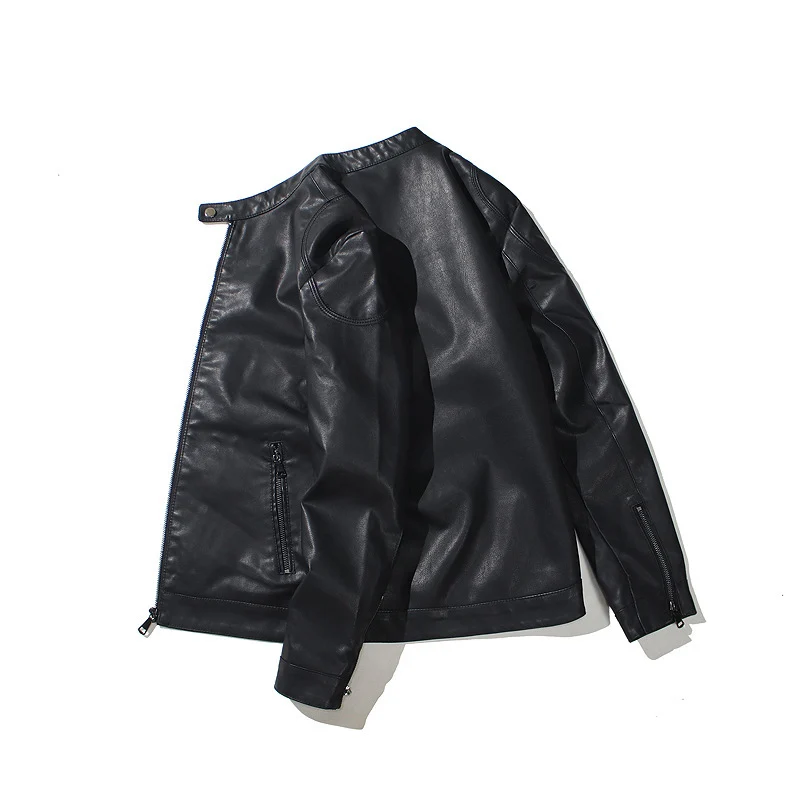 Herren Slim-Fit Kunstleder-Motorradblouson mit Stehkragen und ergonomischer Schultersteppung Drune