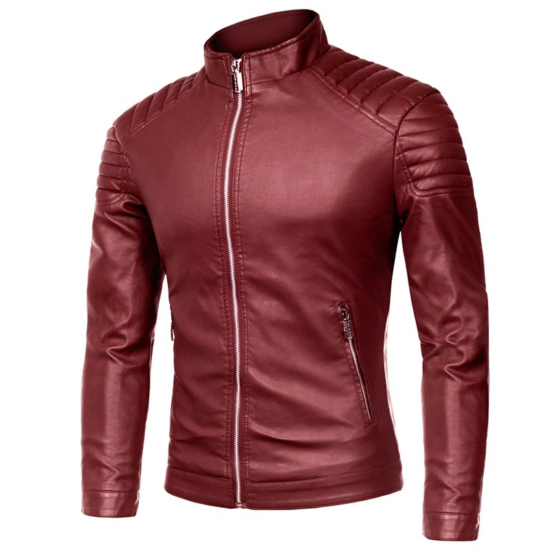 Herren Slim-Fit Kunstleder-Motorradblouson mit gesteppter Schulter und Stehkragen Drune