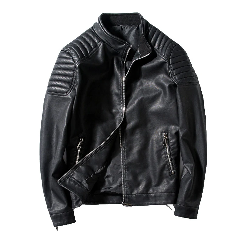 Herren Slim-Fit Kunstleder-Motorradblouson mit gesteppter Schulter und Stehkragen Drune
