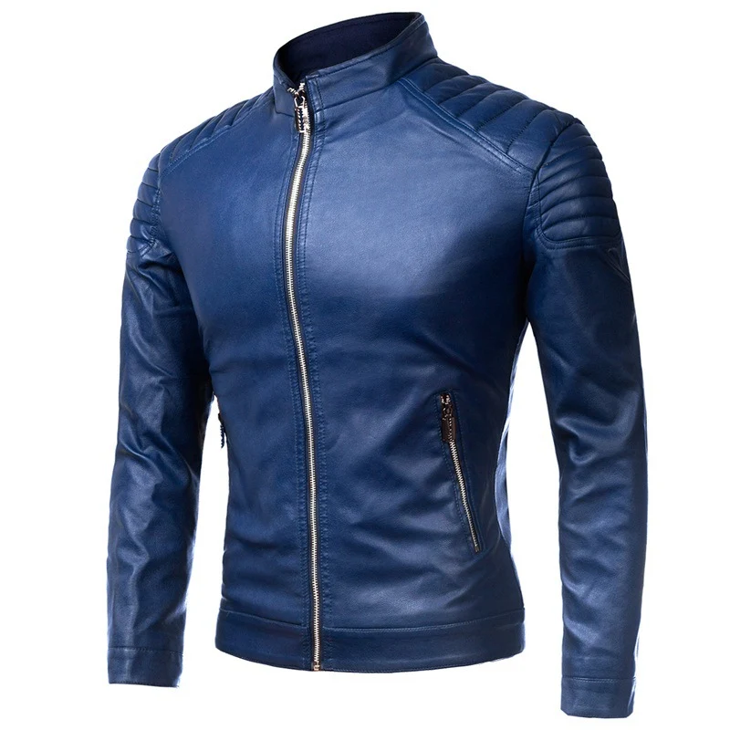 Herren Slim-Fit Kunstleder-Motorradblouson mit gesteppter Schulter und Stehkragen Drune