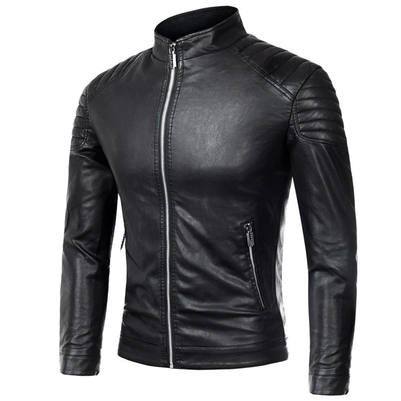 Herren Slim-Fit Kunstleder-Motorradblouson mit gesteppter Schulter und Stehkragen Drune