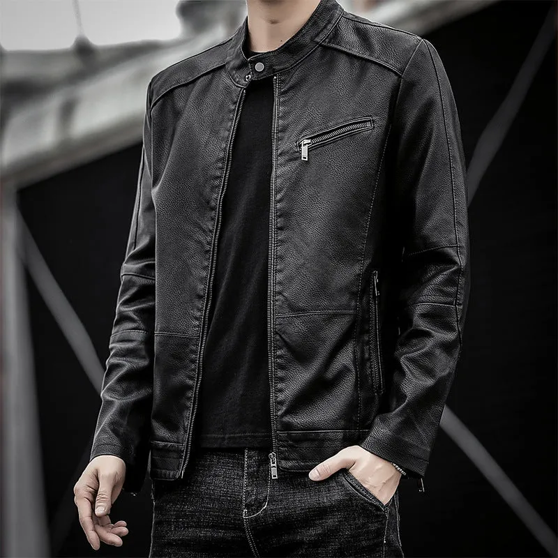 Herren Slim-Fit Kunstleder-Motojacke mit Stehkragen und Reißverschlussdetails Drune