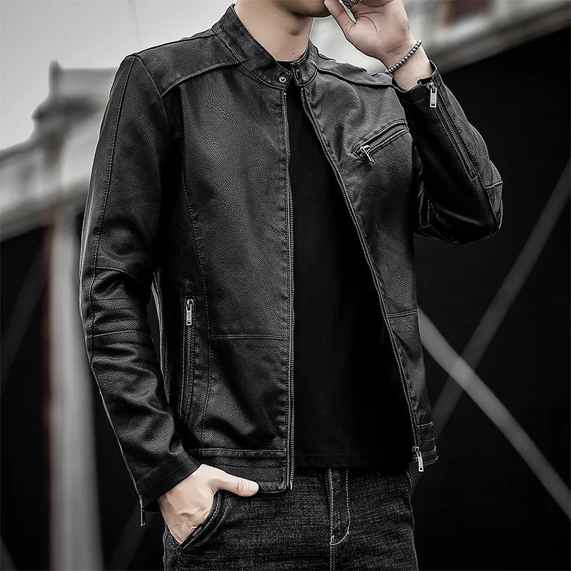 Herren Slim-Fit Kunstleder-Motojacke mit Stehkragen und Reißverschlussdetails Drune