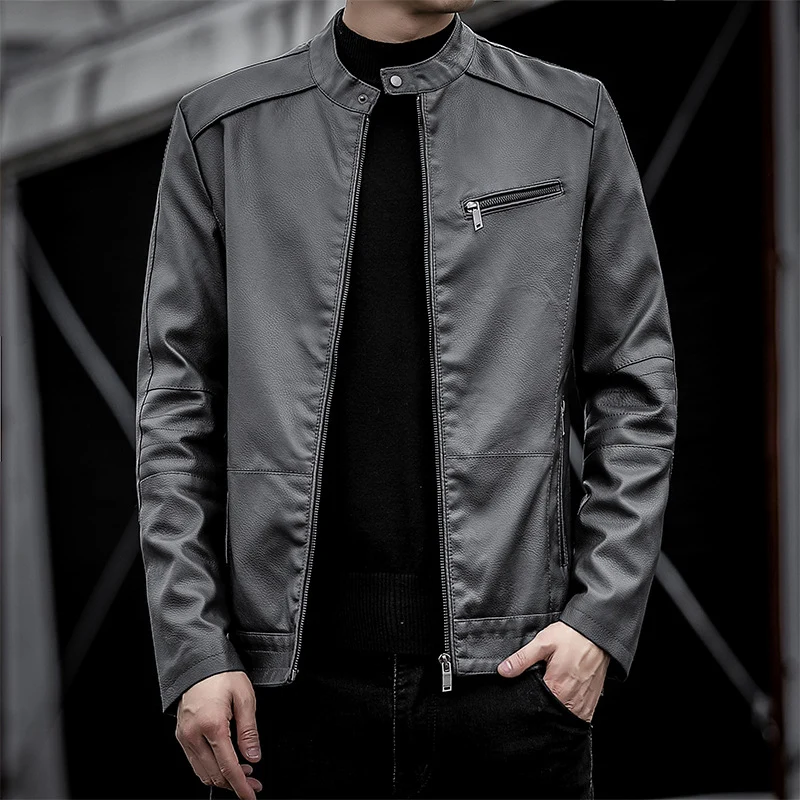 Herren Slim-Fit Kunstleder-Motojacke mit Stehkragen und Reißverschlussdetails Drune