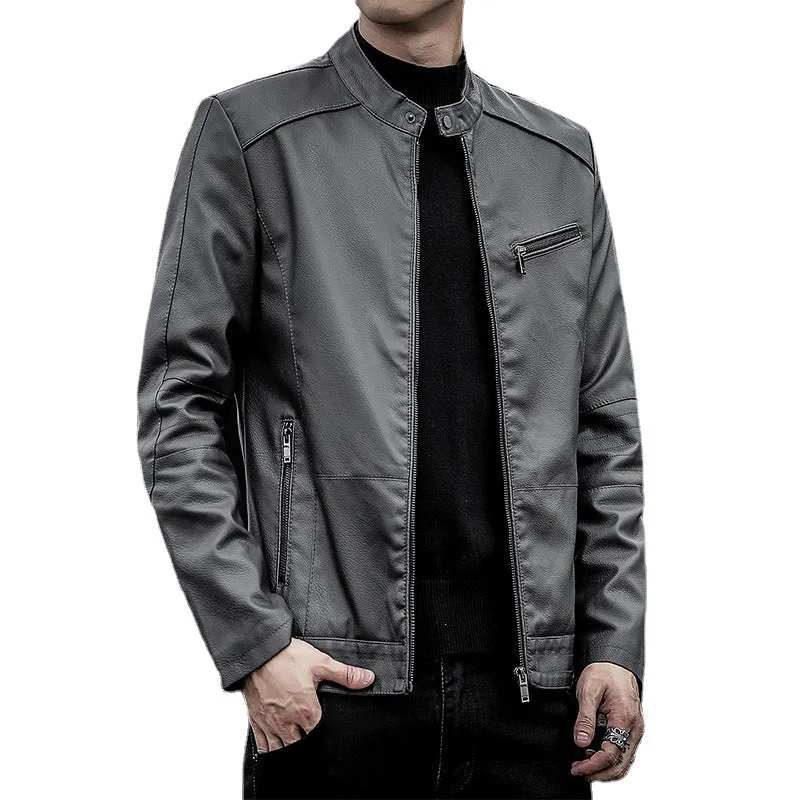 Herren Slim-Fit Kunstleder-Motojacke mit Stehkragen und Reißverschlussdetails Drune