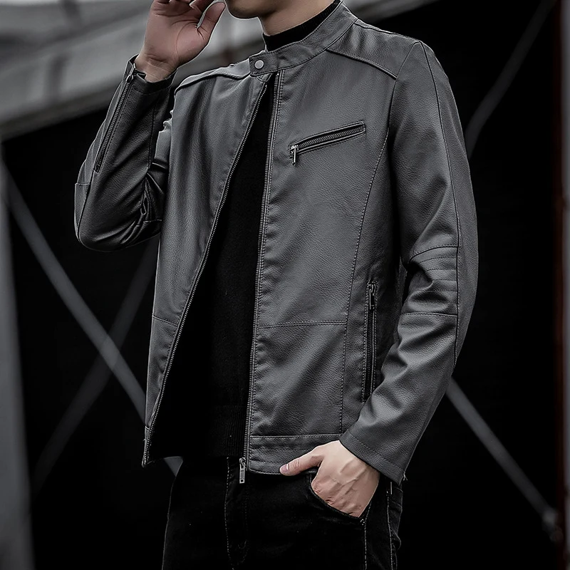 Herren Slim-Fit Kunstleder-Motojacke mit Stehkragen und Reißverschlussdetails Drune