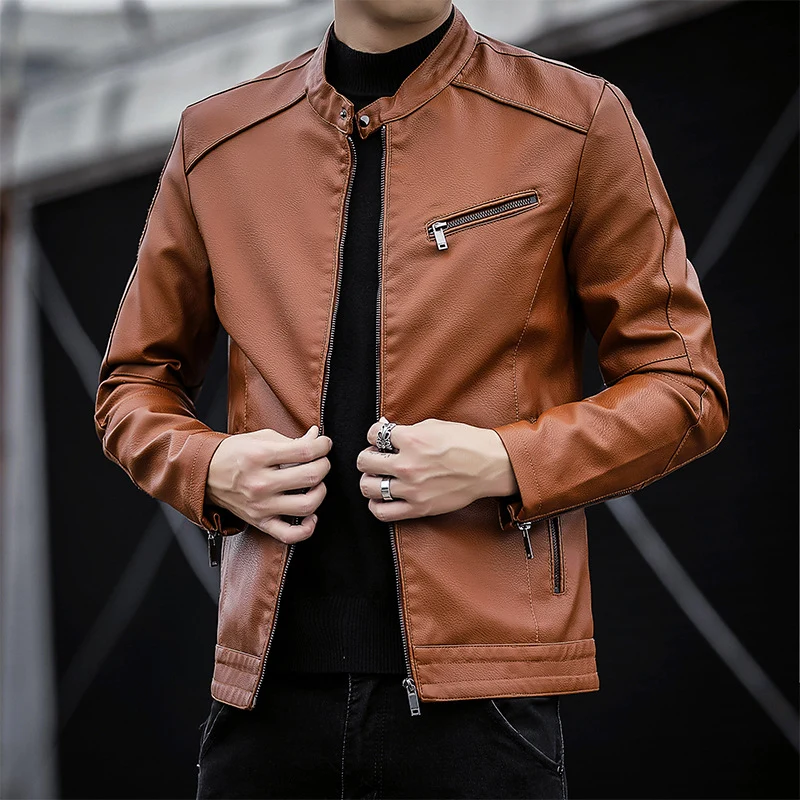 Herren Slim-Fit Kunstleder-Motojacke mit Stehkragen und Reißverschlussdetails Drune