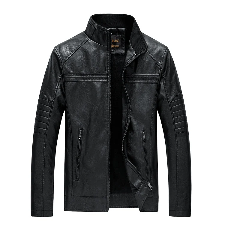 Herren Slim-Fit Kunstleder-Motojacke mit Stehkragen und gesteppter Ärmelpasse Drune