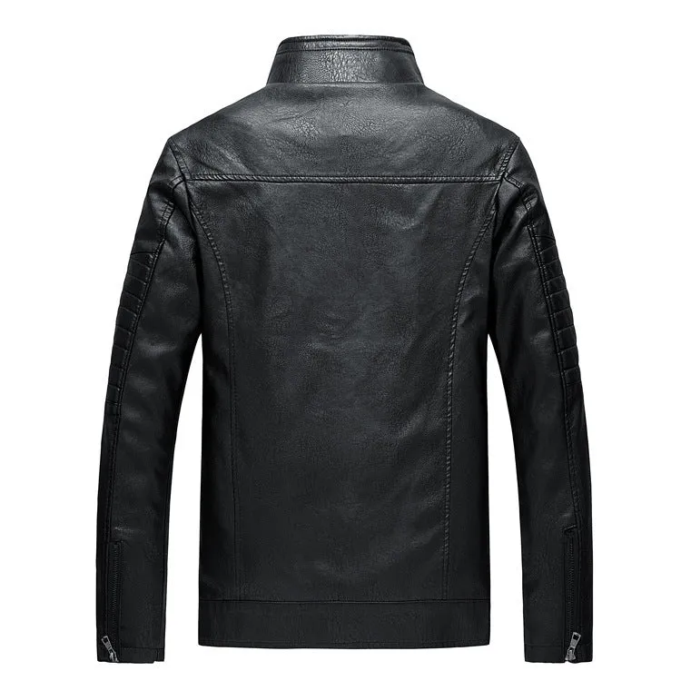 Herren Slim-Fit Kunstleder-Motojacke mit Stehkragen und gesteppter Ärmelpasse Drune