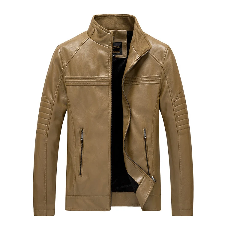 Herren Slim-Fit Kunstleder-Motojacke mit Stehkragen und gesteppter Ärmelpasse Drune