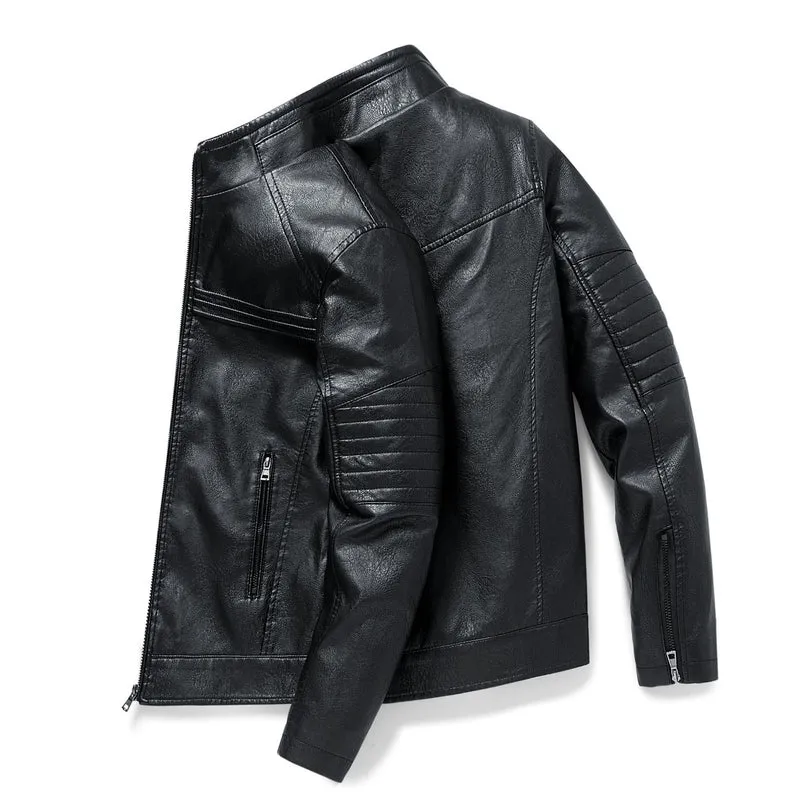 Herren Slim-Fit Kunstleder-Motojacke mit Stehkragen und gesteppter Ärmelpasse Drune