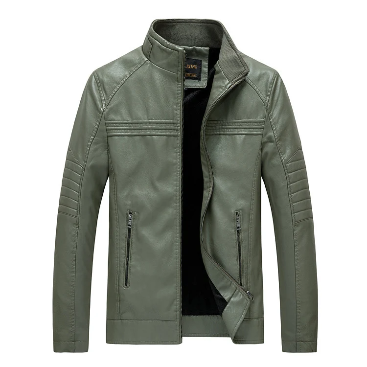 Herren Slim-Fit Kunstleder-Motojacke mit Stehkragen und gesteppter Ärmelpasse Drune