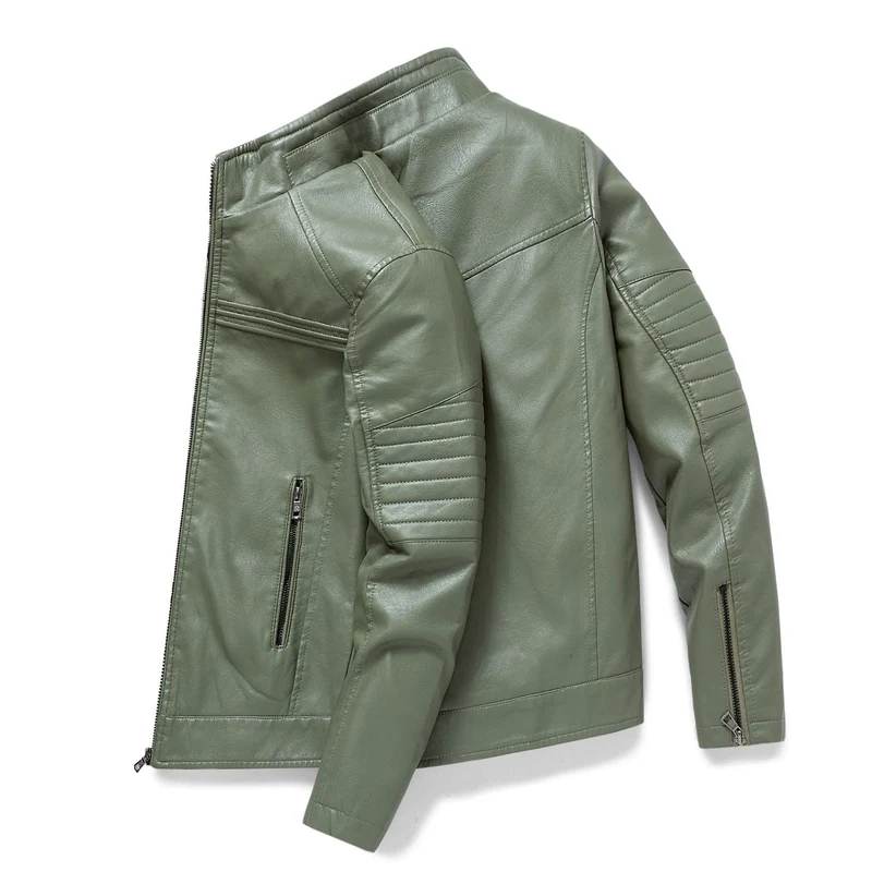 Herren Slim-Fit Kunstleder-Motojacke mit Stehkragen und gesteppter Ärmelpasse Drune