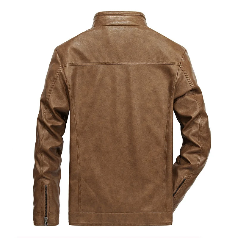 Herren Slim-Fit Kunstleder-Motojacke mit Stehkragen, Reißverschluss-Taschen und verstärkter Nahtführung Drune