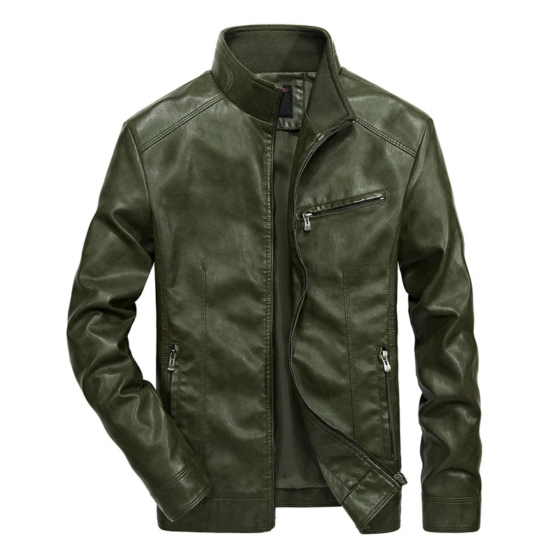 Herren Slim-Fit Kunstleder-Motojacke mit Stehkragen, Reißverschluss-Taschen und verstärkter Nahtführung Drune