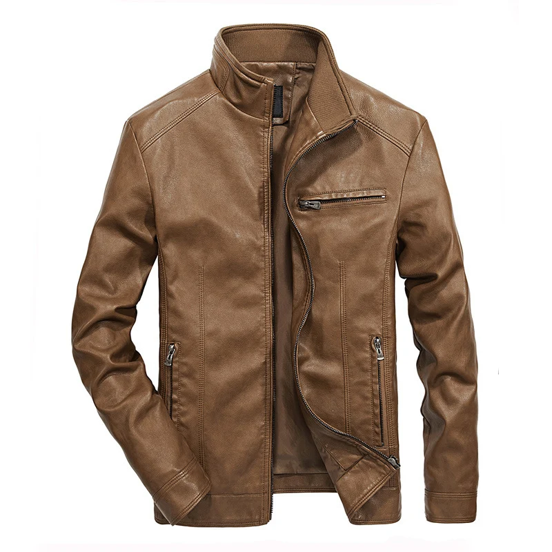Herren Slim-Fit Kunstleder-Motojacke mit Stehkragen, Reißverschluss-Taschen und verstärkter Nahtführung Drune