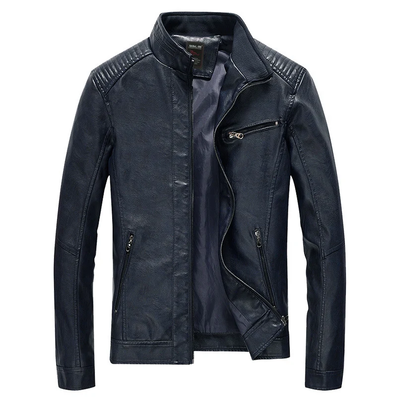 Herren Slim-Fit Kunstleder-Motojacke mit Stehkragen, gesteppter Schulterpasse und Reißverschlusstaschen Drune