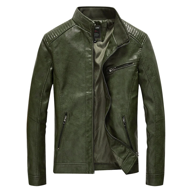 Herren Slim-Fit Kunstleder-Motojacke mit Stehkragen, gesteppter Schulterpasse und Reißverschlusstaschen Drune