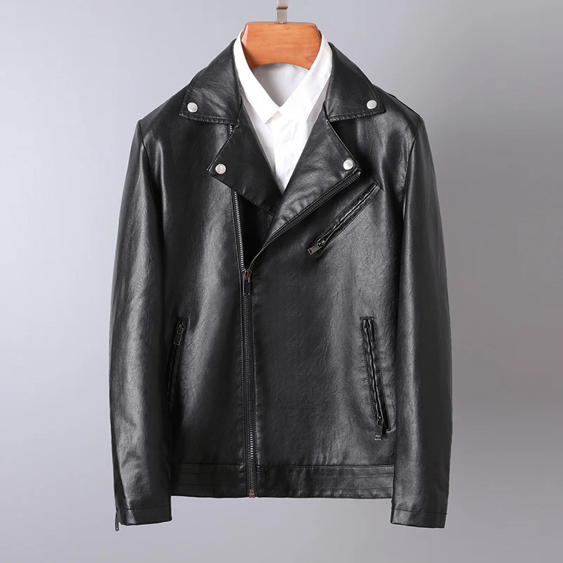 Herren Slim-Fit Kunstleder-Motojacke mit asymmetrischem Reißverschluss und cleanem Reverskragen Drune