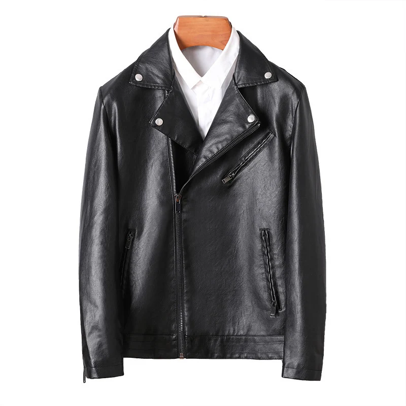 Herren Slim-Fit Kunstleder-Motojacke mit asymmetrischem Reißverschluss und cleanem Reverskragen Drune
