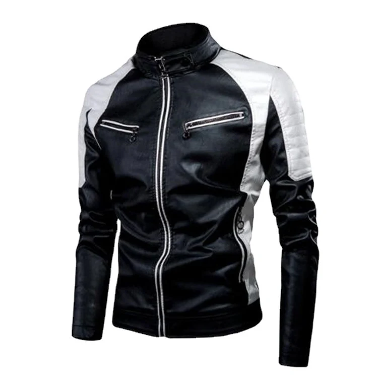 Herren Slim-Fit Kunstleder-Motojacke im Retro-Racer-Design mit gepolsterten Schultereinsätzen und Zipperdetails Drune