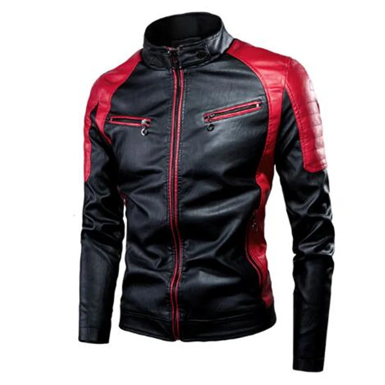 Herren Slim-Fit Kunstleder-Motojacke im Retro-Racer-Design mit gepolsterten Schultereinsätzen und Zipperdetails Drune