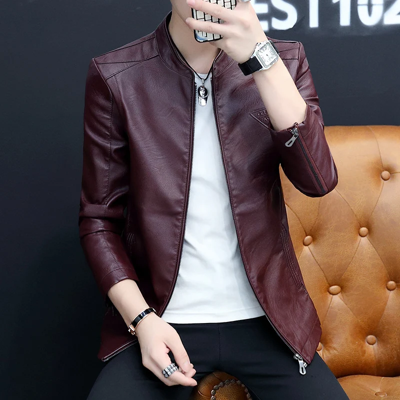 Herren Slim-Fit Kunstleder-Blouson im Aviator-Stil mit Stehkragen Drune