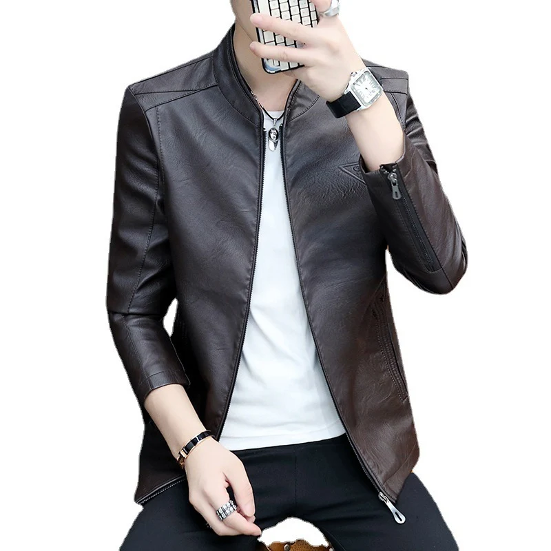 Herren Slim-Fit Kunstleder-Blouson im Aviator-Stil mit Stehkragen Drune
