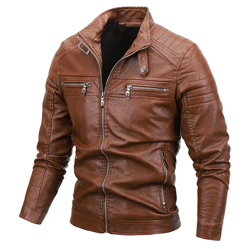 Herren Slim-Fit Kunstleder-Bikerblouson mit gesteppter Schulterpasse und Reißverschluss Drune