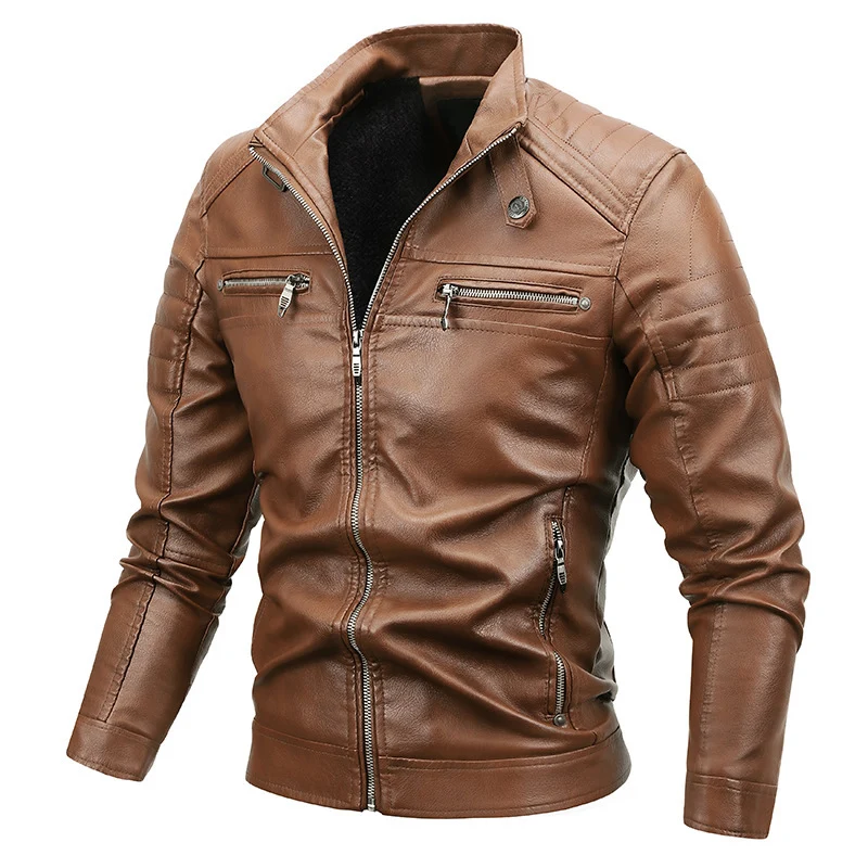 Herren Slim-Fit Kunstleder-Bikerblouson mit gesteppter Schulterpasse und Reißverschluss Drune
