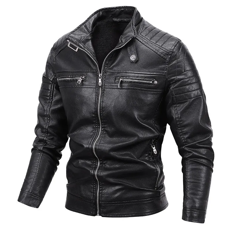 Herren Slim-Fit Kunstleder-Bikerblouson mit gesteppter Schulterpasse und Reißverschluss Drune