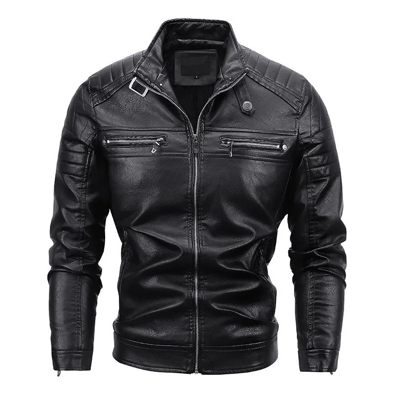 Herren Slim-Fit Kunstleder-Bikerblouson mit gesteppter Schulterpasse und Reißverschluss Drune