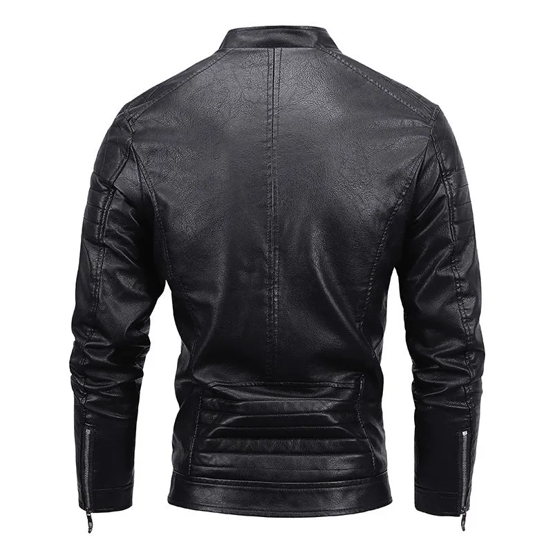 Herren Slim-Fit Kunstleder-Bikerblouson mit gesteppter Schulterpasse und Reißverschluss Drune