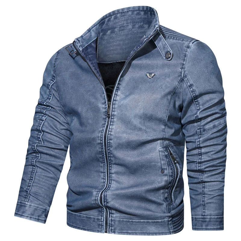 Herren Slim-Fit Jeansblouson im Pilotenstil mit Stehkragen, Ärmelraffungen und Reißverschlusstaschen Drune